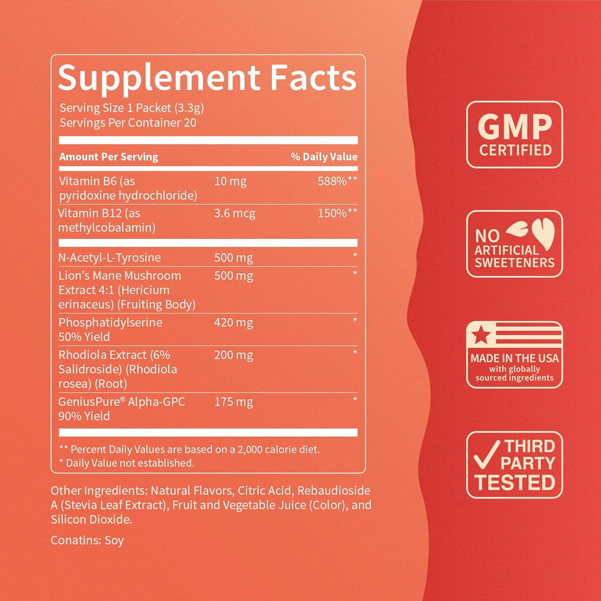 Drink Mix – Fruit Punch Flavor – Alpha GPC, Lion’s Mane, Rhodiola & N-Acetyl L-Tyrosine – Sugar-Free, On-The-Go Packets – 20 Servings