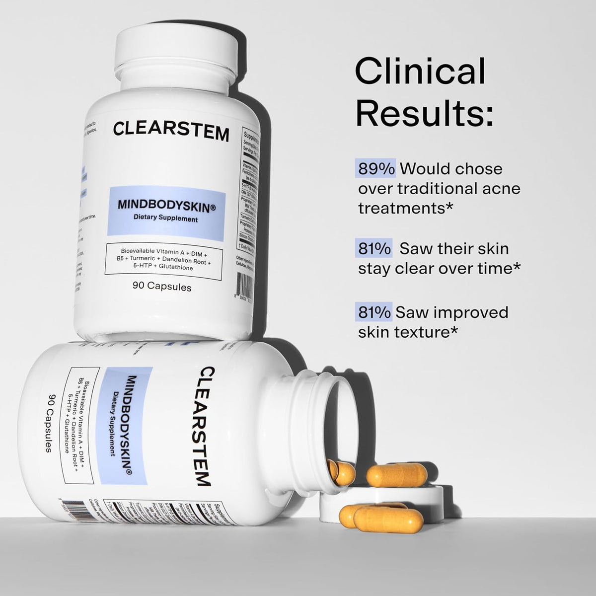 CLEARSTEM -  Hormonal Acne Supplement (5-HTP) - Natural DIM Supplement - Skin Care Vitamins - Hormone Balance, Antioxidants - Gluten Free, Cruelty Free - 30 Servings, 90 Capsules