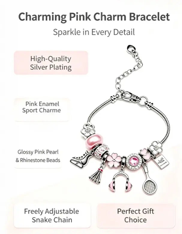 Pink Sports Theme Charm Bracelet with Gift Box, Adjustable Silver Snake Chain Bracelet with Skate, Racket, Headphone Charms, Jewelry Gift for Women Girls