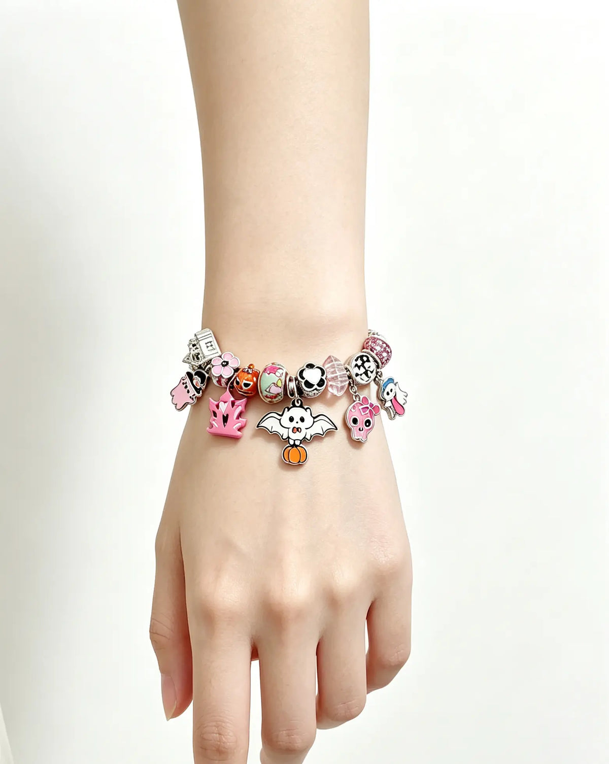 Halloween Pink Ghost Charm Bracelet, Silver-Tone Adjustable Snake Chain Bracelet with Pumpkin Bat Skull Dangle Charms, Cute Halloween Jewelry Gift for Women Girls