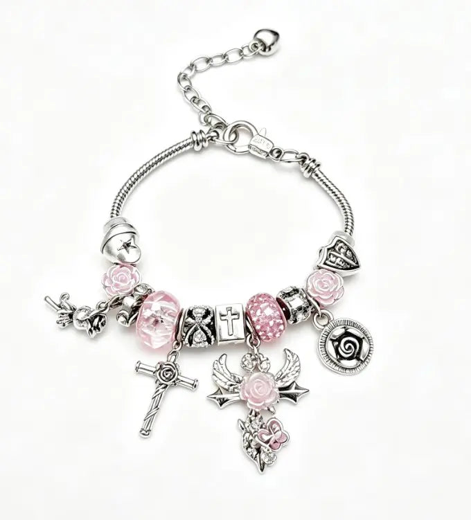 Silver Adjustable Snake Chain Charm Bracelet, 3D Stereoscopic Rose Cross Angel Butterfly Beaded Bracelet, Exquisite Handcraft Fashion Jewelry Gift for Women Teen Girls