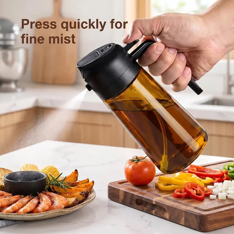 **2-Pack Glass Oil Dispenser Set, Olive Green & Amber Bottles with Black Handles, 2-in-1 Oil Sprayer and Pourer**