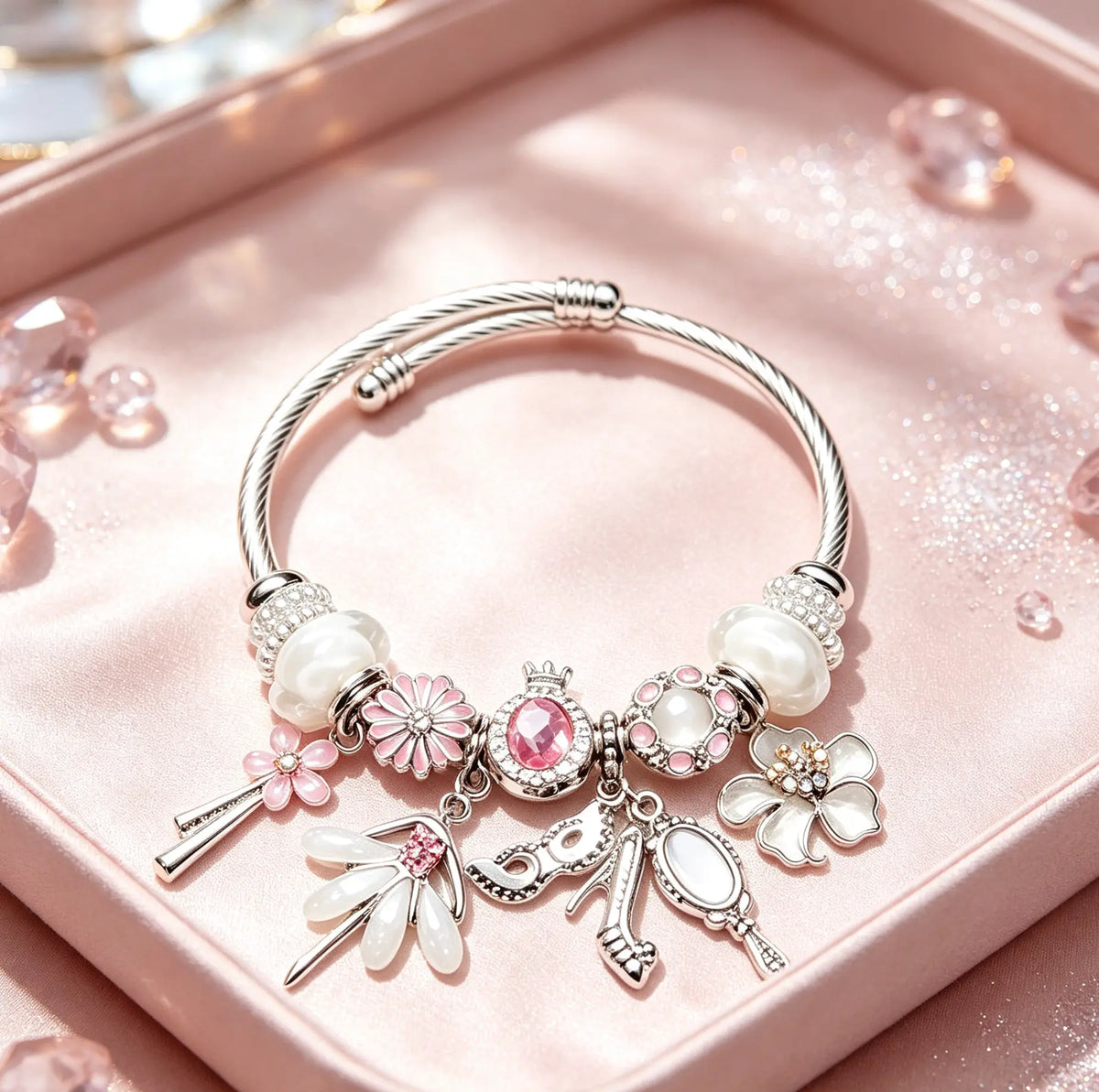 Silver Tone Ballet Charm Bracelet for Women, Pink Crystal Flower Bangle with Ballet Shoe Pendant, Elegant Fairycore Jewelry Gift for Her