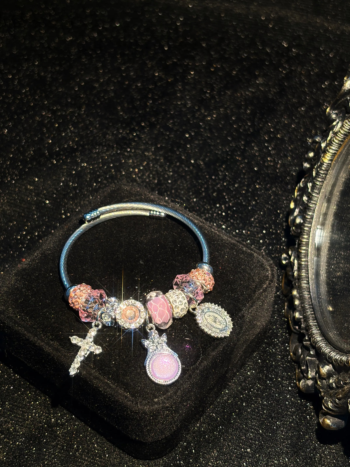 Women's Silver-Tone Religious Wire Cuff Bangle - Cross, Virgin Mary Charm, Pink Murano Glass Beads, Rhinestone Crystal Fashion Statement Bracelet