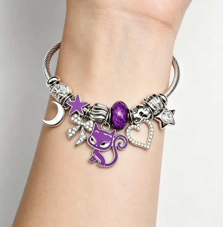 Open Bangle Twisted Cable Wire Bracelet, Purple Cat Moon Star Heart Rhinestone Charms Bangle, Adjustable Flexible Cuff Jewelry Gift for Women Girls