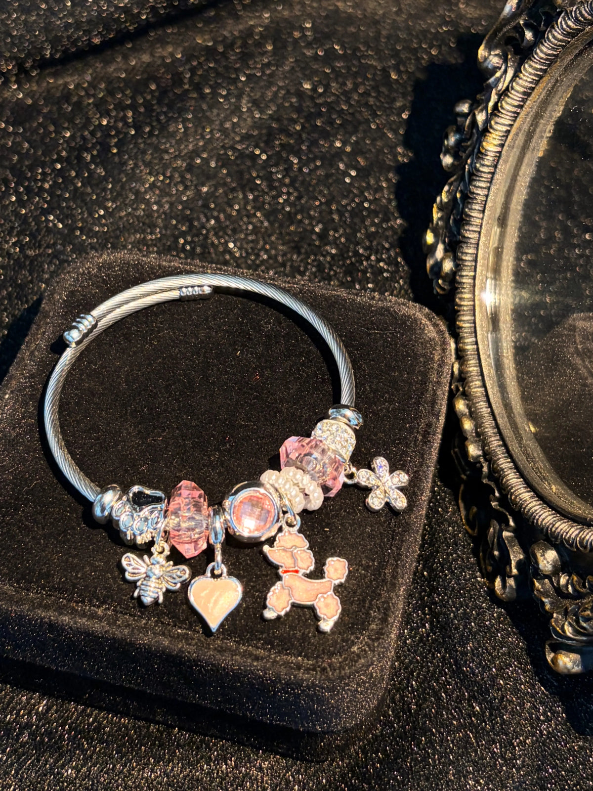 Women's Silver-Tone Open Cuff Bangle Bracelet with Cute Pink Poodle Charm, Heart Flower Crystal Beads, Stackable Sparkly Costume Jewelry Gift