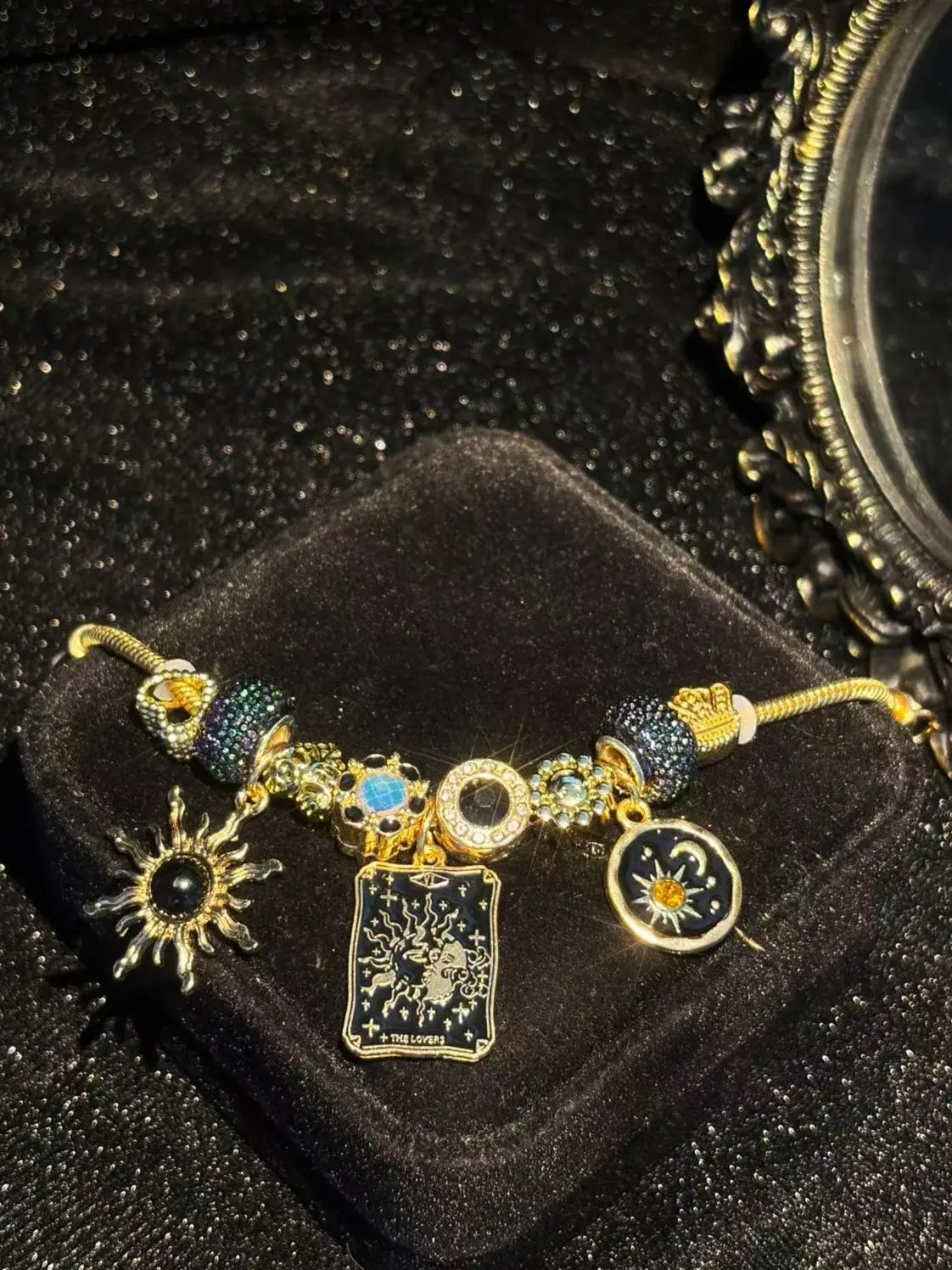 Women's Mystical Tarot Charm Bracelet - Gold-Tone Chain, Black Sparkly Rhinestone Beads, The Lovers Sun Moon Star Charms, Stackable Adjustable Costume Jewelry Gift