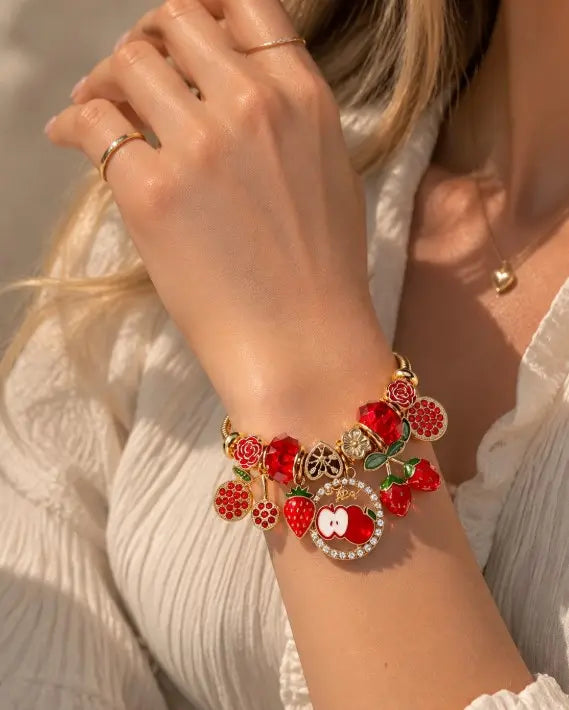 Gold Snake Chain Bracelet with Enamel Charms and Red Crystal for Women Jewelry
