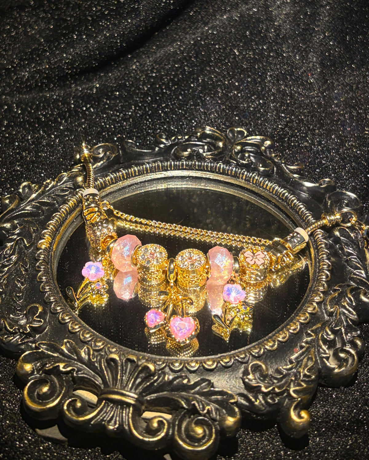 Women's Gold-Tone Adjustable Charm Bracelet - Sparkly Pink Heart, Flower Beads, Rhinestone Crystals - Fashion Costume Jewelry Gift