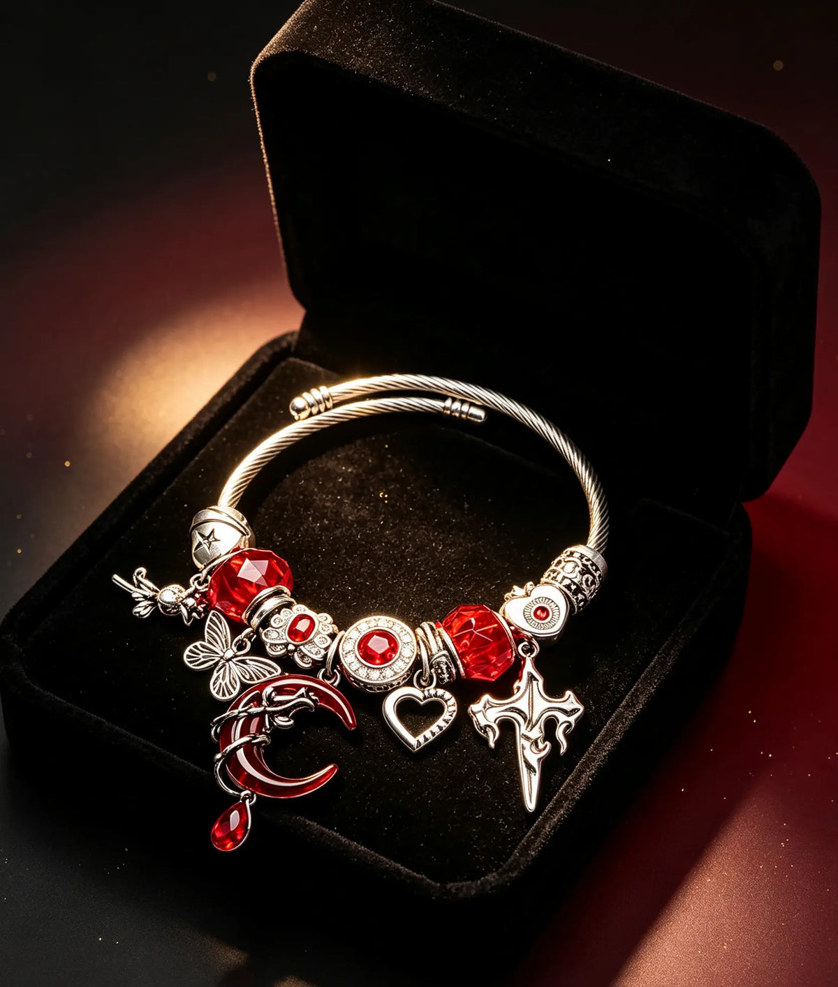 Gothic Red Moon Charm Open Cuff Bracelet, Adjustable Twisted Cable Bangle with Red Crystal, Butterfly Heart Cross Charms, Dark Romance Jewelry Gift for Women