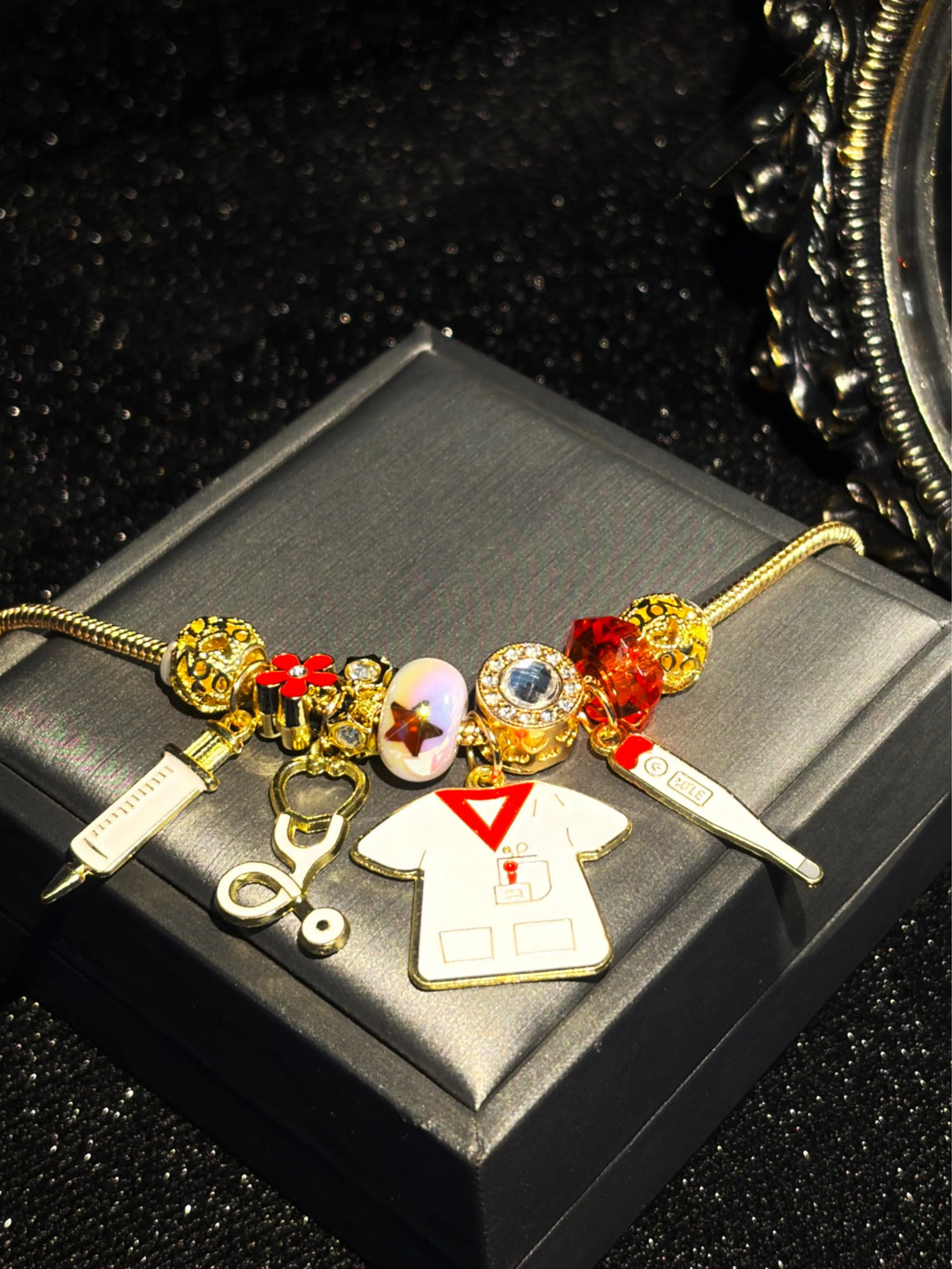 Women's Appreciation-Themed Gold-Tone Beaded Charm Bracelet with Uniform-Style Dangle Charms, Meaningful Costume Jewelry Gift