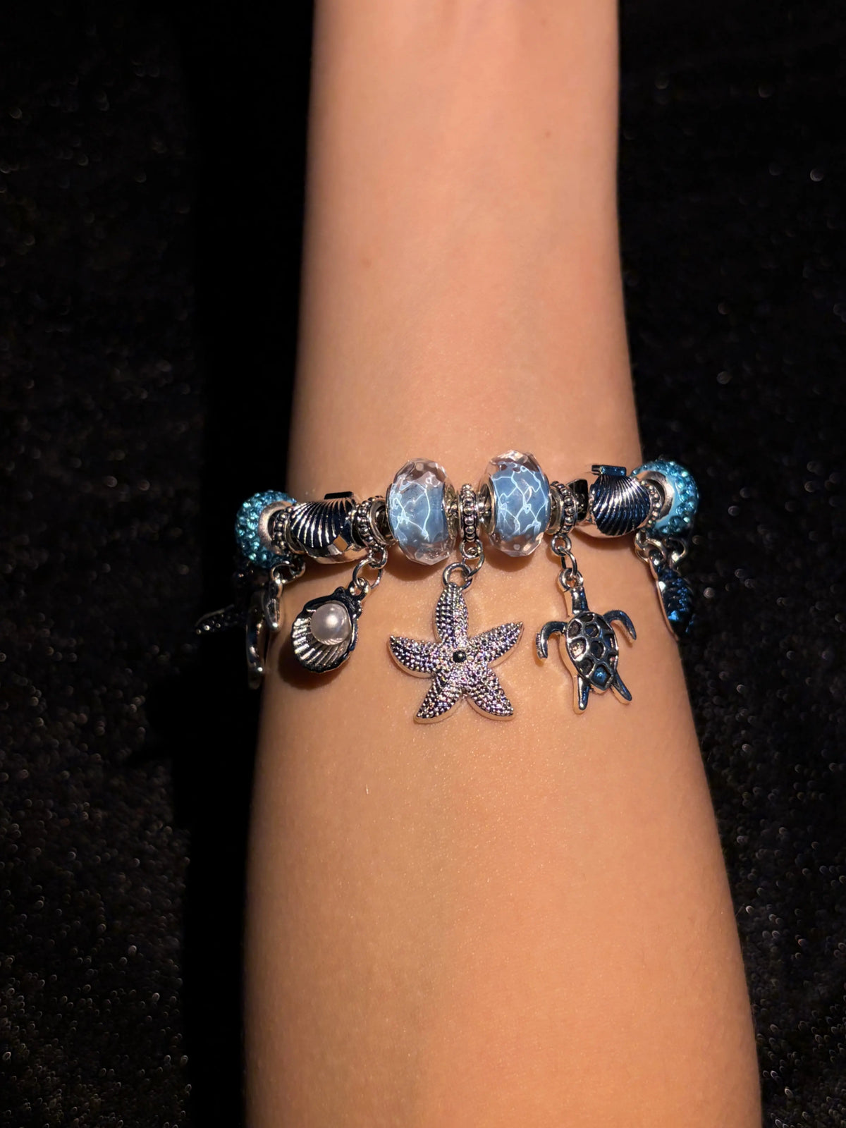 Silver‑Tone Ocean Theme Charm Bracelet for Women, Sea Life Dangle Charms Dolphin,Starfish,Turtle,Shell Conch Mermaid Tail, Murano Glass Beads, 2 Colors Blue Pink Option, Summer Beach Jewelry Gift for Girls