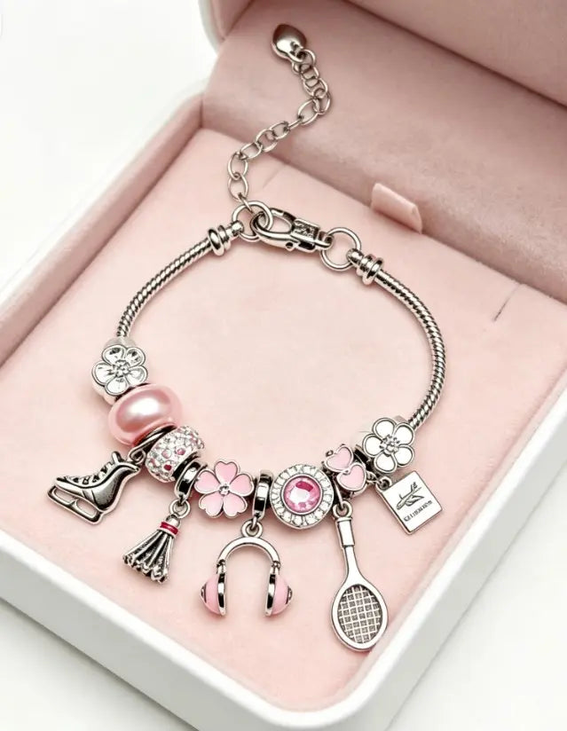 Pink Sports Theme Charm Bracelet with Gift Box, Adjustable Silver Snake Chain Bracelet with Skate, Racket, Headphone Charms, Jewelry Gift for Women Girls