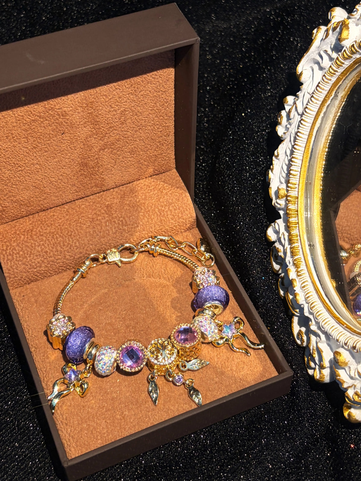 Women's Elegant Ornate Hollow Leaf Floral Dangle Charm Bracelet - Gold-Tone Snake Chain, Purple Crystal, Glitter Beads - Fashion Costume Jewelry Gift