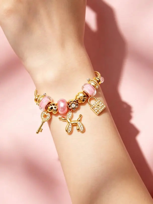 Pink Pearl Balloon Dog Charm Bracelet, Shiny Golden Snake Chain Beaded Bracelet with Lock Key Flower Pendant, Elegant Women Jewelry Gift Box Packed