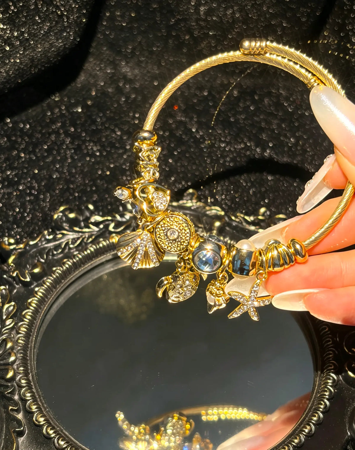 Women's Adjustable Gold-Tone Open Cuff Bangle - Ocean Charm Bracelet with Sparkling Turtle, Starfish, Shell Crystal Pendants - Costume Jewelry Gift