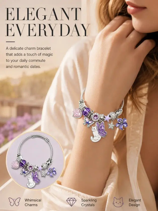Purple Butterfly Winged Cat Charm Bracelet, Adjustable Stainless Steel Twisted Wire Open Cuff Bangle with Crystal, Star, Flower & Pink Heart Charms, Dainty Jewelry Gift for Women Teen Girls