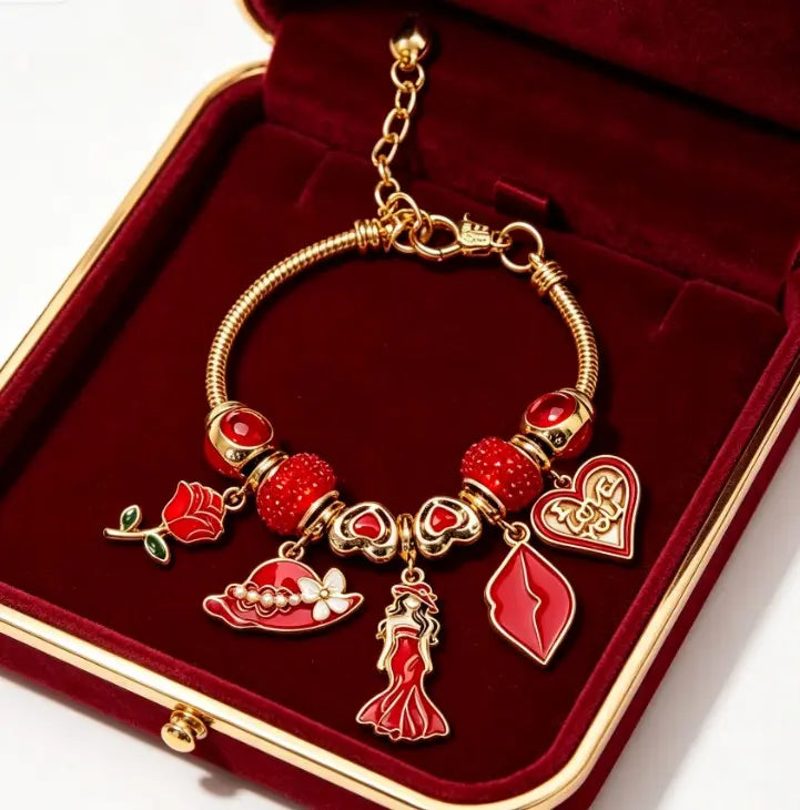 Red Rose Lady Charm Bracelet for Women, Gold Snake Chain Beaded Bangle with Lip Hat Heart Pendant, Adjustable 9.45 Inch Ladies Dainty Valentine Jewelry