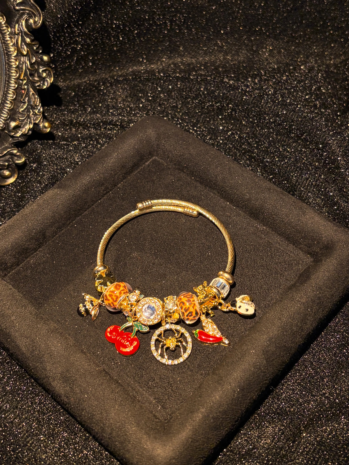 Women's Gold-Tone Open Bangle Bracelet - Leopard Print, Cherry, Spider, Bee, Chili Dangle Charms - Sparkling Rhinestone Enamel Statement Jewelry Gift for Women