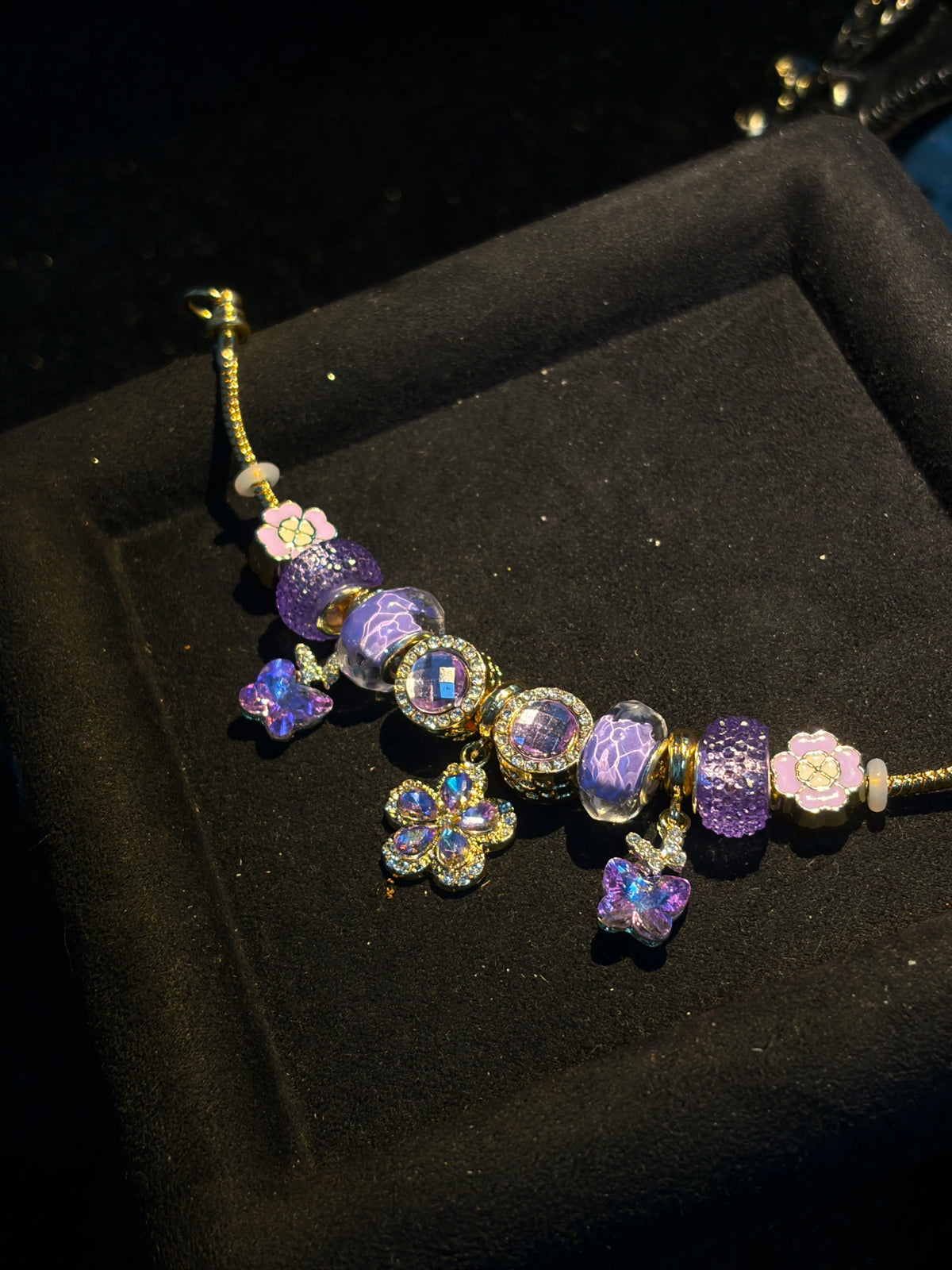 Women's Gold-Tone Adjustable Snake Chain Stackable Charm Bracelet with Sparkly Purple Flower, Butterfly Glass Bead Charms - Trendy Costume Jewelry Gift for Ladies