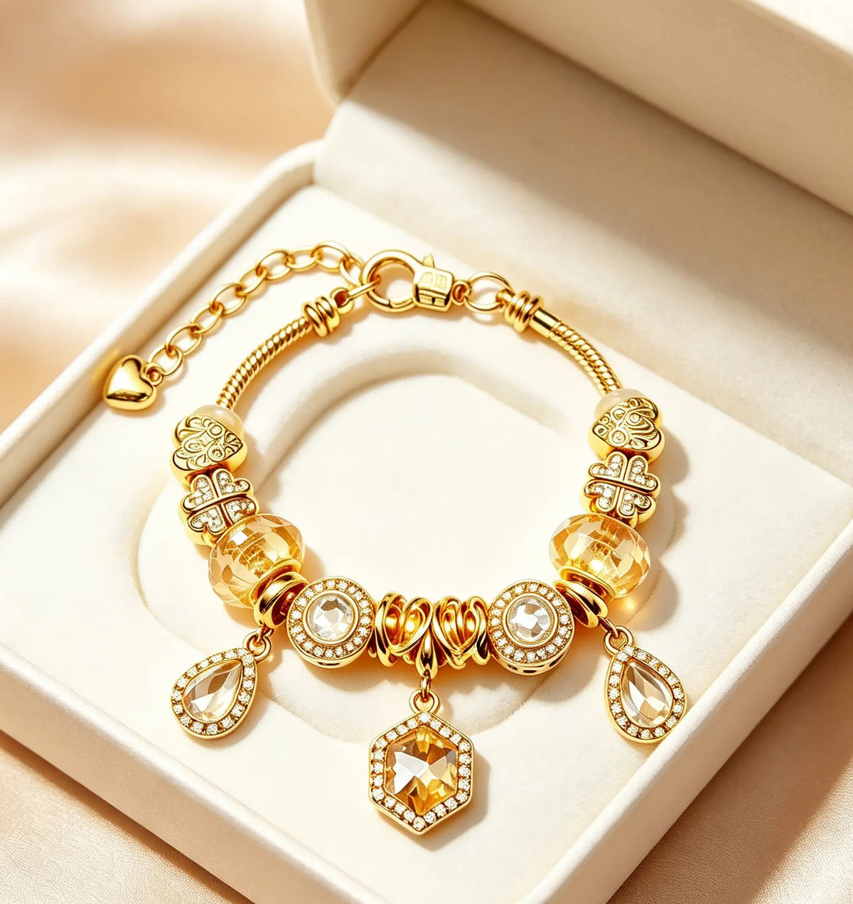Luxury Champagne Gold Hexagon Charm Bracelet, Gold-Tone Snake Chain with Clover & Teardrop Zircon Beads, Adjustable Elegant Jewelry for Women
