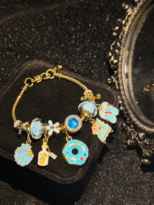 Women's Sparkling Water-Shimmer Crystal Bead Charm Bracelet, Gold-Tone Adjustable Snake Chain with Donut Bottle Shell Enamel Charms, Summer Vacation Fashion Jewelry Gift