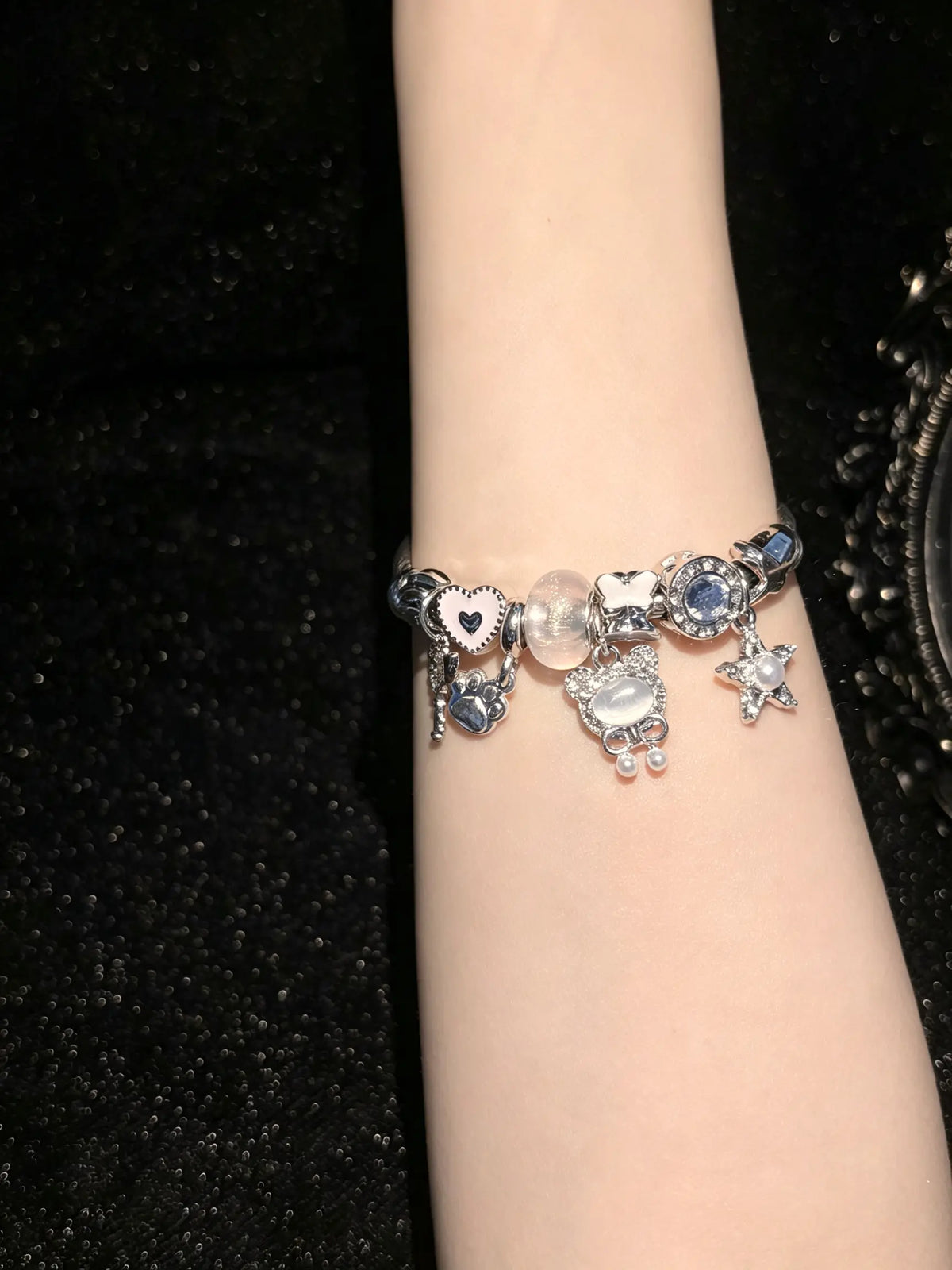 Women's Silver-Tone Open Cuff Bangle Bracelet with Cat Paw, Heart, Star, Butterfly Dangle Charms - Costume Jewelry Gift