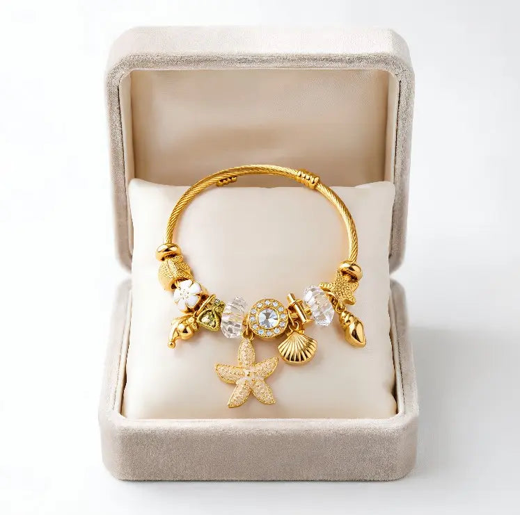 Tone Gold Twisted Open Bangle Dual Color Ocean Charm Bracelet Black Clear Crystal Dolphin Starfish Shell Floral Bead Women Beach Vacation Jewelry Gift
