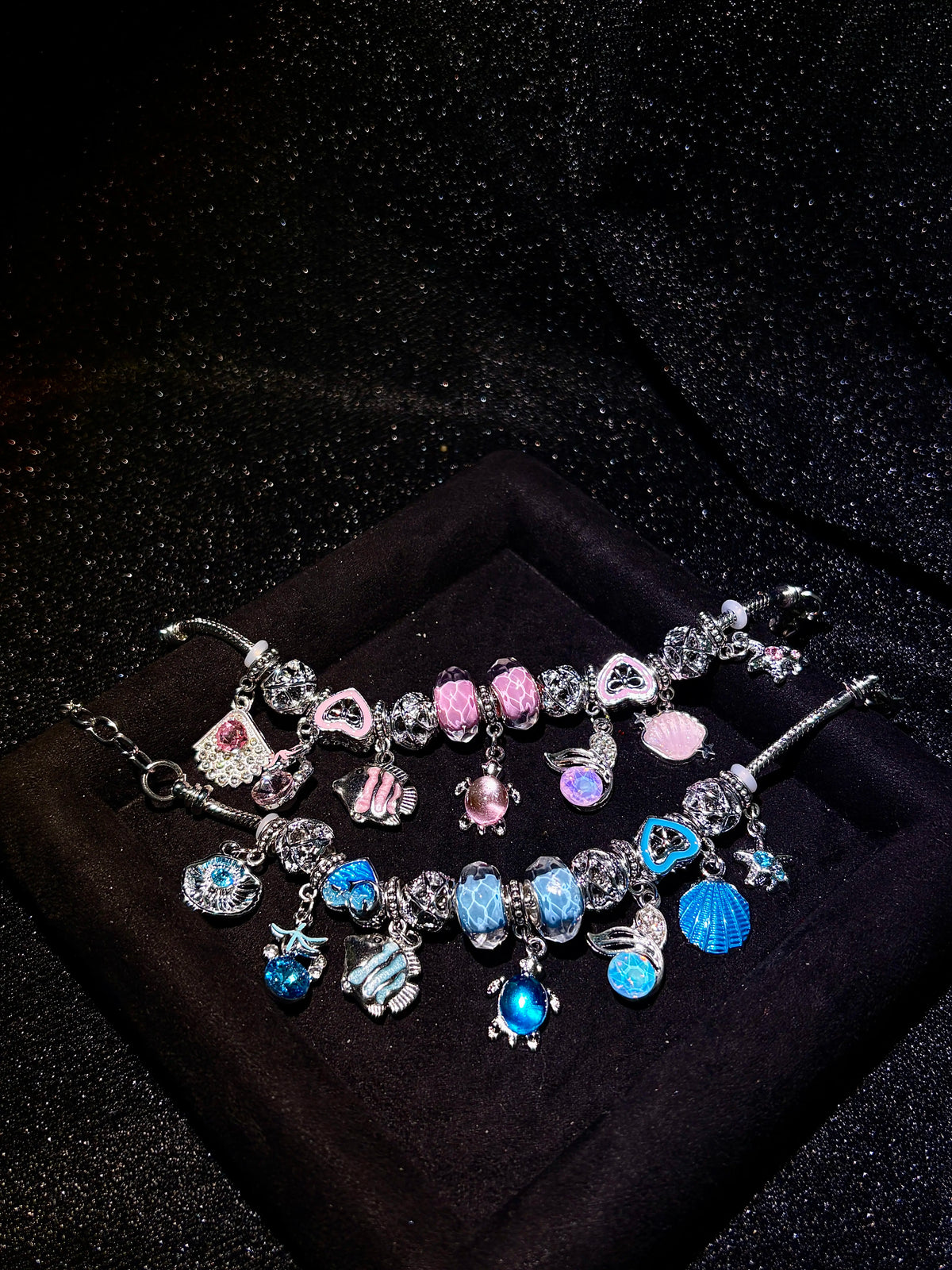 Women's Ocean Theme Charm Bracelet - Silver Snake Chain Beaded Bracelet with Shell, Turtle, Fish, Starfish Charms - 2-Color Mermaid Beach Costume Jewelry Gift