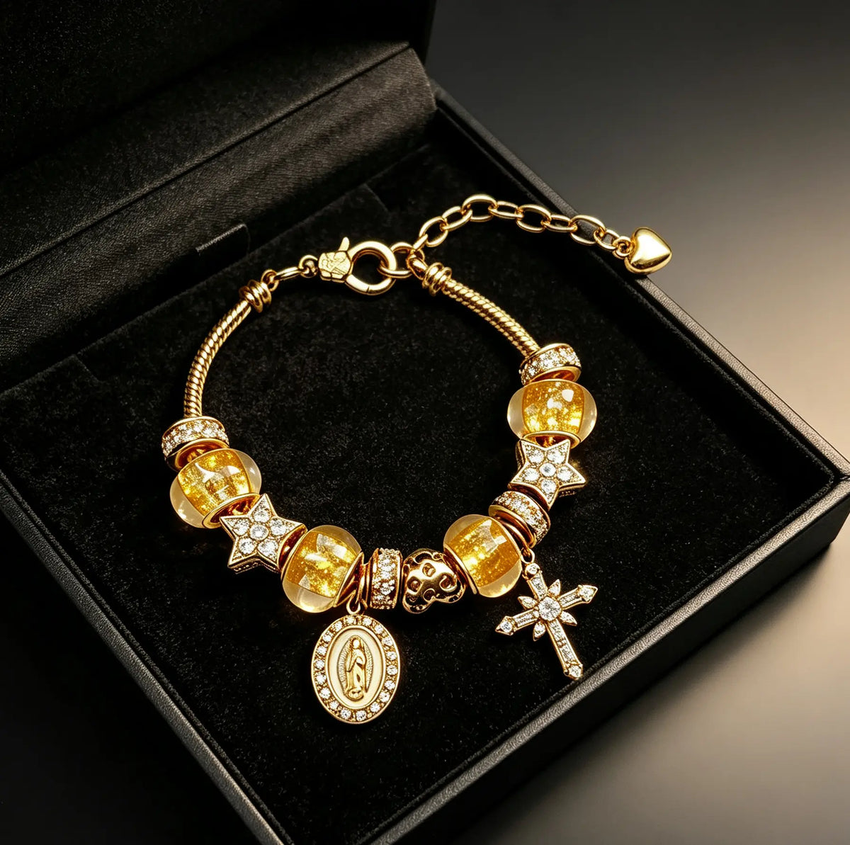 Luxury Gold Charm Bracelet with Virgin Mary & Cross Pendant Rhinestone Star Beads Fashion Religious Jewelry Gift for Her