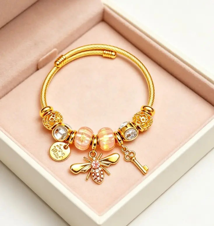 Gold Twisted Cable Bangle Bracelet, Pink Murano Glass Beads Charm Bracelet with Crystal Bee, Key & Engraved Coin Pendant, Sweet Fashion Jewelry Gift for Women Girls