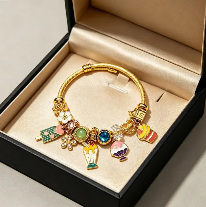 Tone Gold Twisted Open Bangle Cute Dessert Ice Cream Cupcake Popsicle Enamel Charm Bracelet Colorful Crystal Floral Bead Women Sweet Girly Daily Jewelry Gift