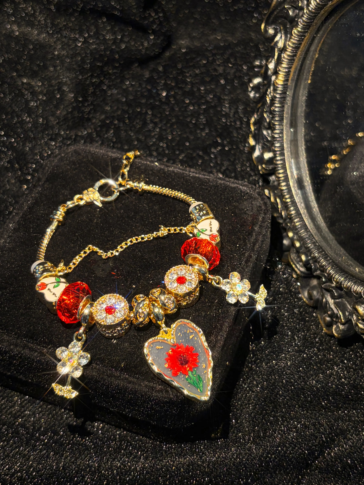 Women's Gold-Tone Dried Flower Heart Charm Bracelet, Red Crystal Floral Dangle Beaded Snake Chain, Romantic Costume Jewelry Gift