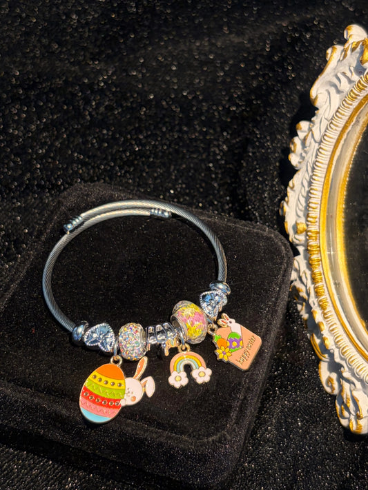 Open Wire Bangle Bracelet, Cute Bunny Egg Rainbow Enamel Dangle Charms, Colorful Statement Holiday Jewelry Gift for Women