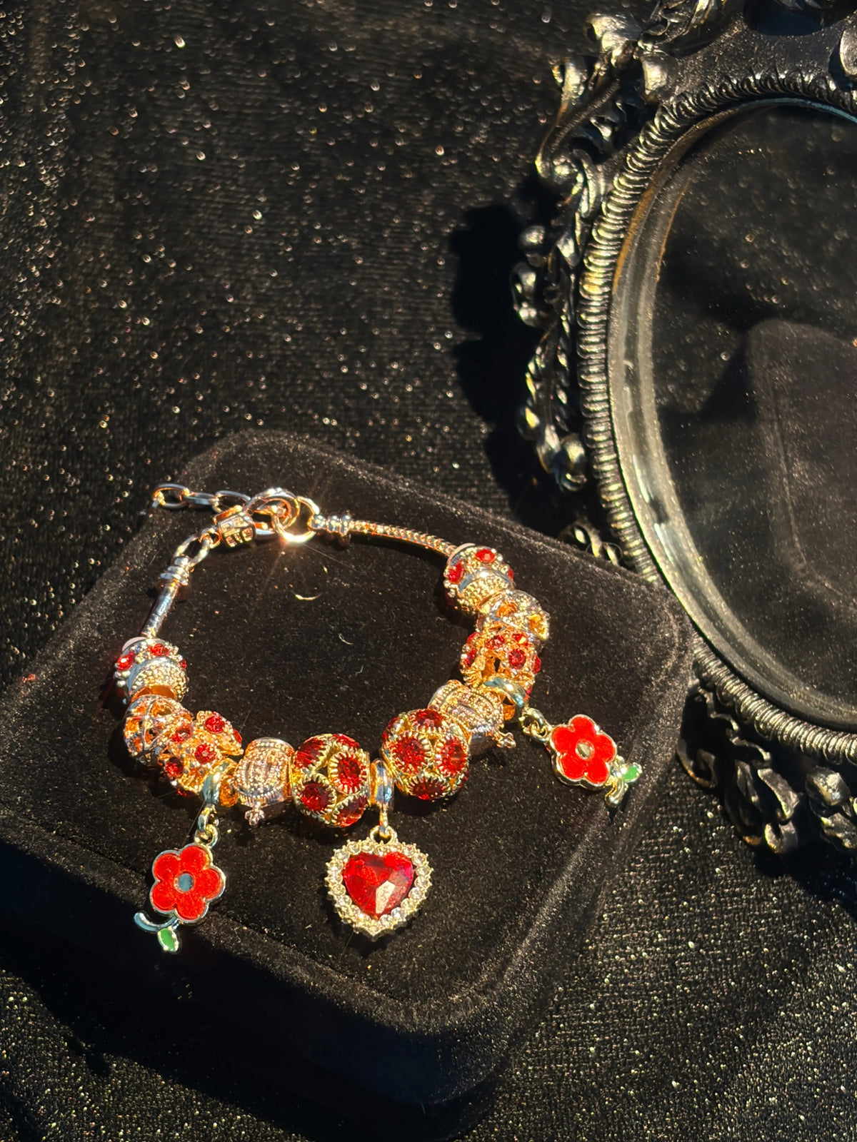 Pink Gold Women Beaded Snake Chain Bracelet, Red Rhinestone Heart & Enamel Flower Pendants, Decorative Crystal Beads, Adjustable Extender Chain Wrist Ornament, Fashion Daily Accessory, Nice Birthday Holiday Dating Party Present for Ladies Teen Girls