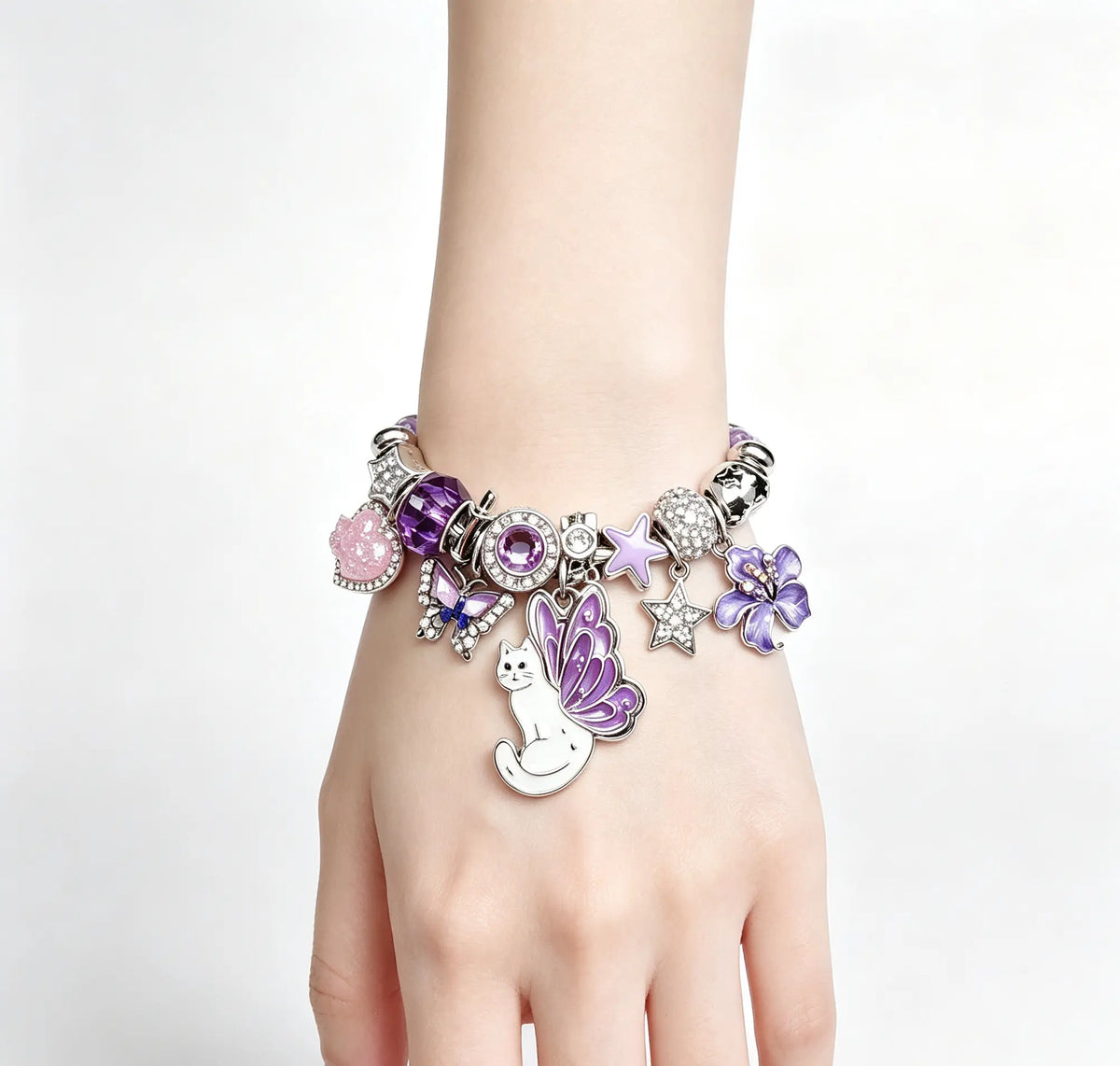 Purple Butterfly Winged Cat Charm Bracelet, Adjustable Stainless Steel Twisted Wire Open Cuff Bangle with Crystal, Star, Flower & Pink Heart Charms, Dainty Jewelry Gift for Women Teen Girls