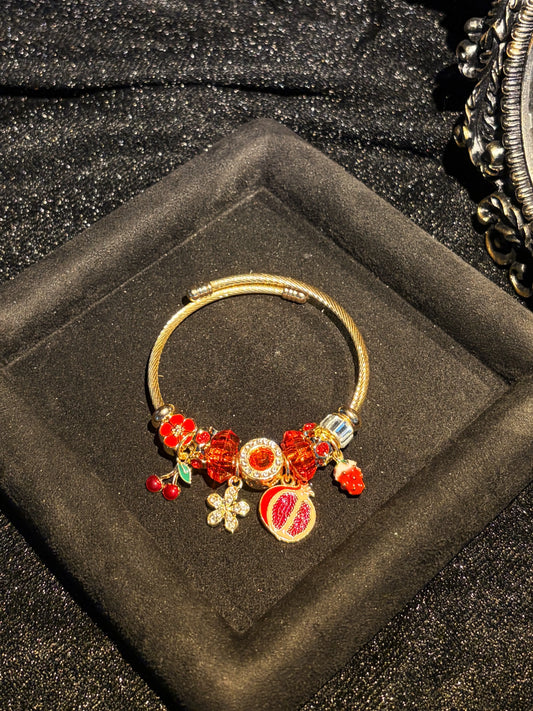 Women's Gold-Tone Wire Open Bangle Bracelet, Fruit-Themed Jewelry with Pomegranate, Strawberry, Cherry, Flower Enamel Charms, Elegant Stackable Gift