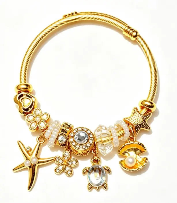 Gold Tone Ocean Theme Cable Wire Charm Bracelet, Starfish, Turtle, Shell, Flower Crystal Pearl Dangle Bangle, Adjustable Open Cuff Beach Jewelry Gift for Women Girls