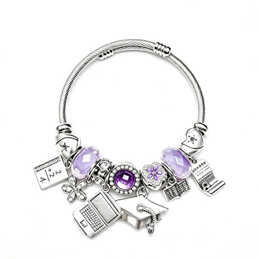 Graduation Commemorative Charm Bracelet | Twisted Rope Silver Bangle with Cap/Laptop/Book Charms (Blue/Purple Options)