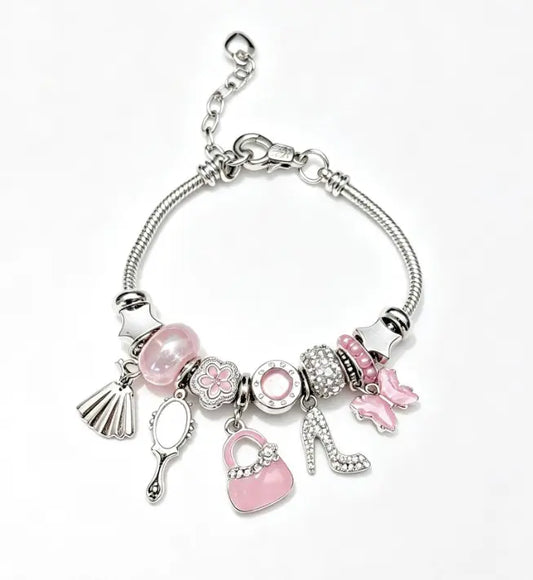 Silver Snake Chain Charm Bracelet, Pink Enamel Handbag High Heels Mirror Butterfly Beaded Bracelet, Sweet Fashion Jewelry Gift for Women Teen Girls
