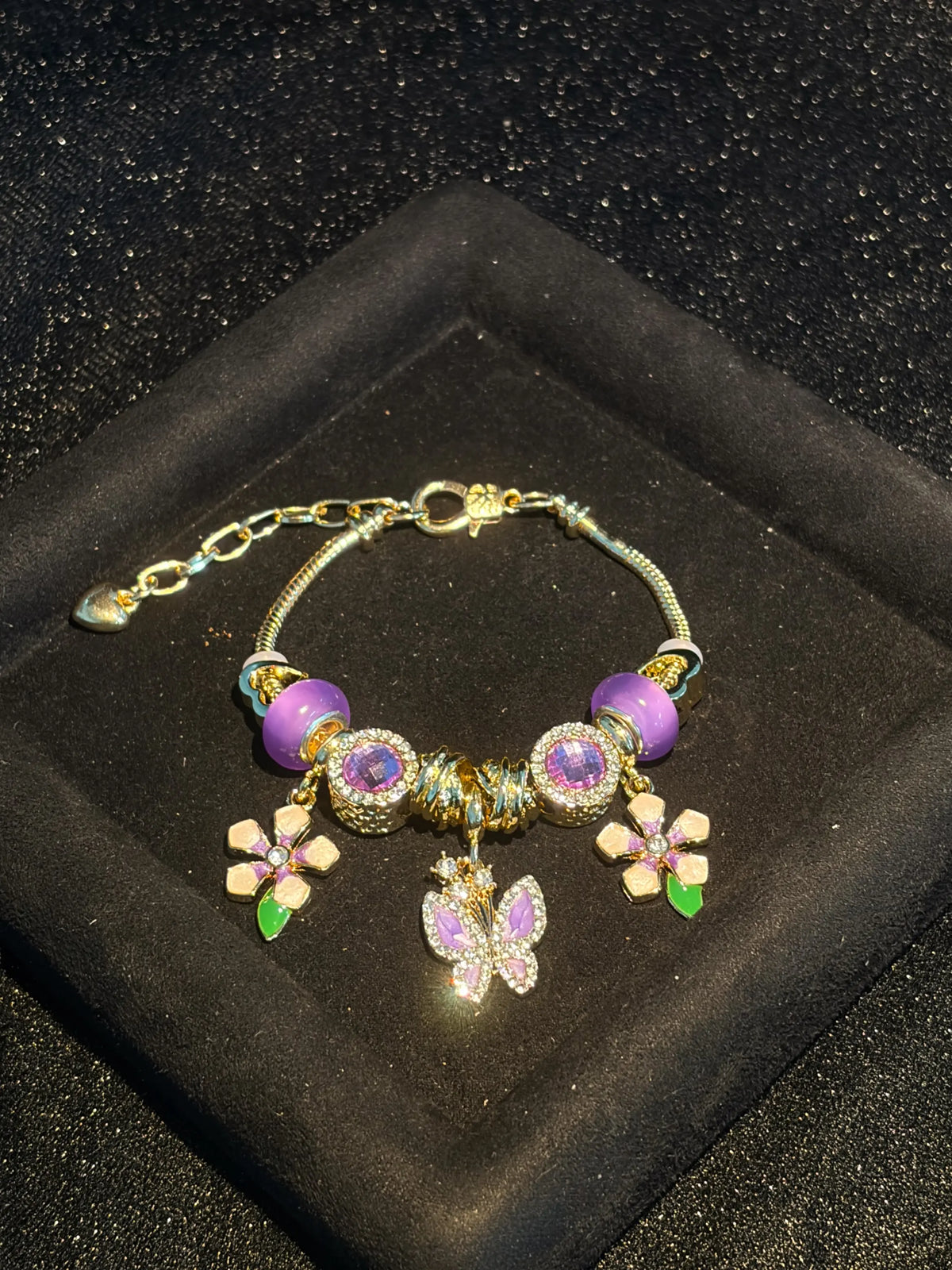 Gorgeous Gold‑Tone Snake Chain Wrist Bracelet for Women, Shiny Beaded Accessory with Sparkling Rhinestone Butterfly Pendant, Enamel Floral Charms and Purple Bead Ornaments, Dreamy Purple‑Tone Wrist Jewelry for Dating Party Daily Outfits