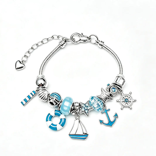 Nautical Ocean Charm Snake Chain Bracelet for Women, Adjustable Blue Sailboat Anchor Lifebuoy Beaded Bracelet, Beach Summer Jewelry Gift