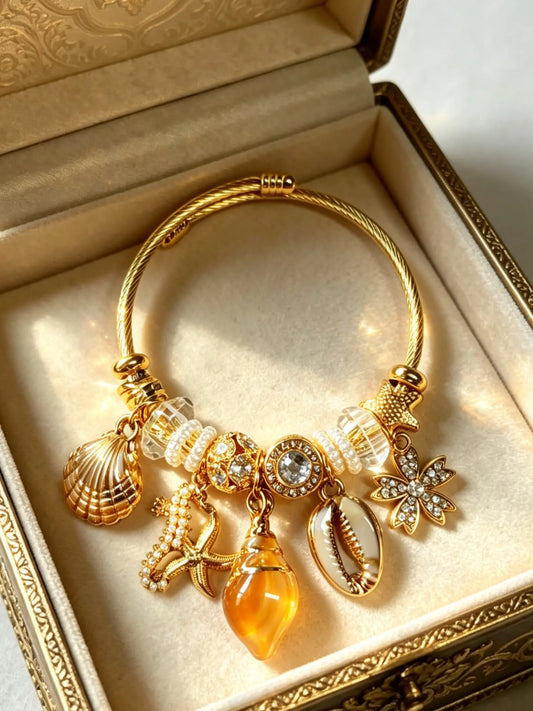 Gold Ocean Seashell Starfish Open Cuff Bracelet with Amber Crystal Beads Summer Beach Charm Bangle for Women