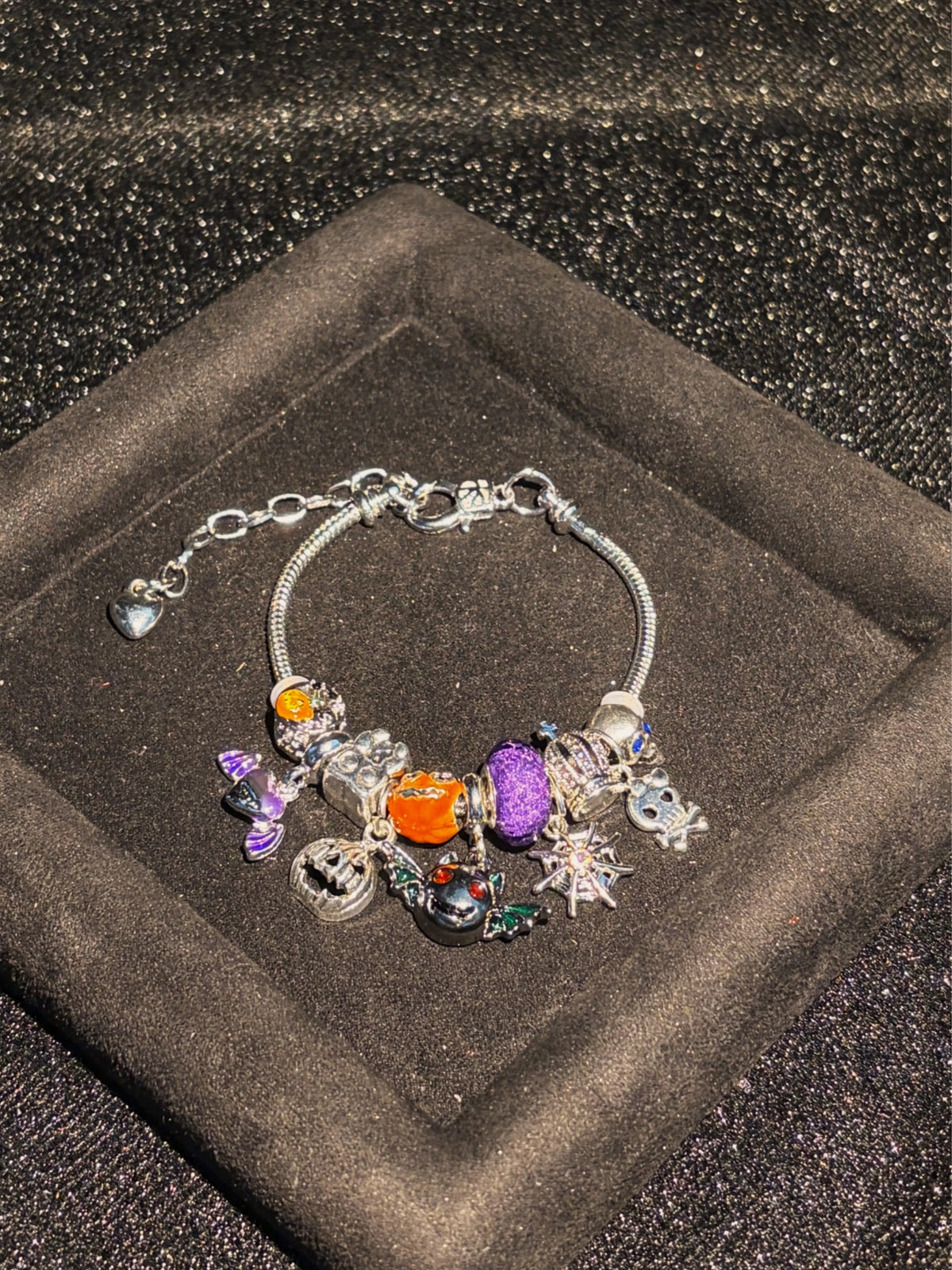 Silver Stackable Enamel Snake Chain Bracelet with Halloween Multi-Charm Decor - Pumpkin, Spider Web, Bat, Skull - Fashion Costume Jewelry Gift for Holiday