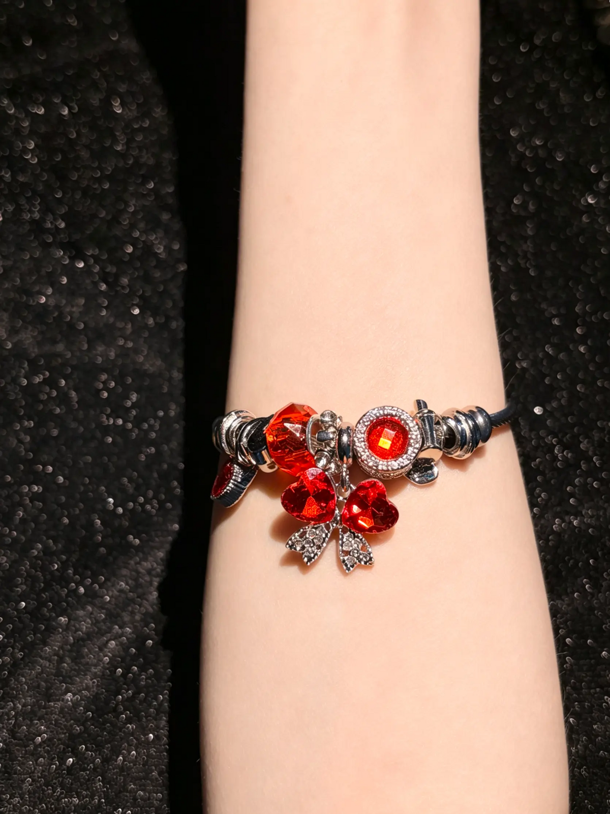 Women's Adjustable Open Silver-Tone Wire Bangle Bracelet, Sparkling Heart Butterfly Crystal Charm Design, 2-Color Red/Green Costume Jewelry, Fashion Statement Gift for Daily/Party Use