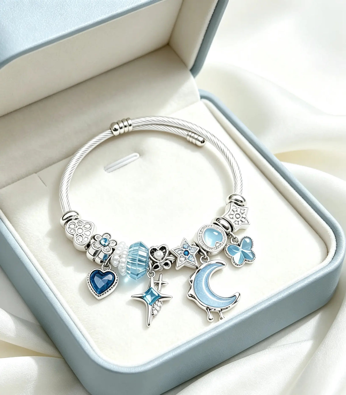 Blue Moon Star Charm Bracelet, Adjustable Silver Cable Bangle with Blue Crystal Heart Butterfly Charms, Women Fashion Jewelry Gift