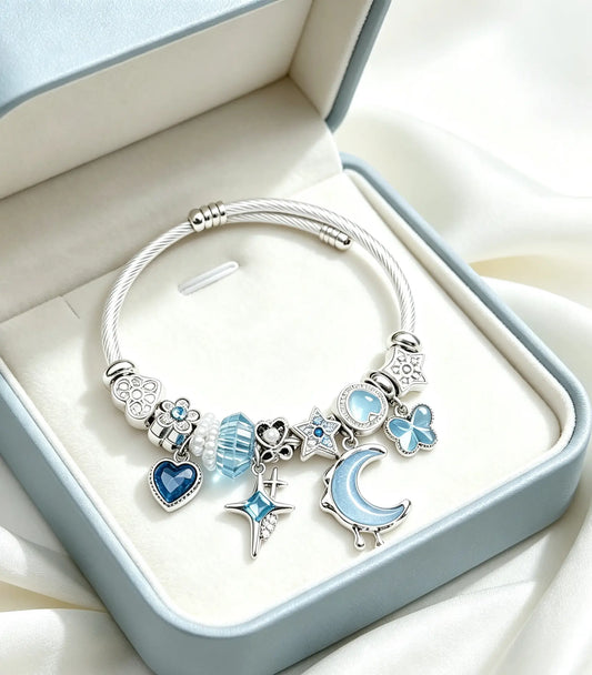 Blue Moon Star Charm Bracelet, Adjustable Silver Cable Bangle with Blue Crystal Heart Butterfly Charms, Women Fashion Jewelry Gift