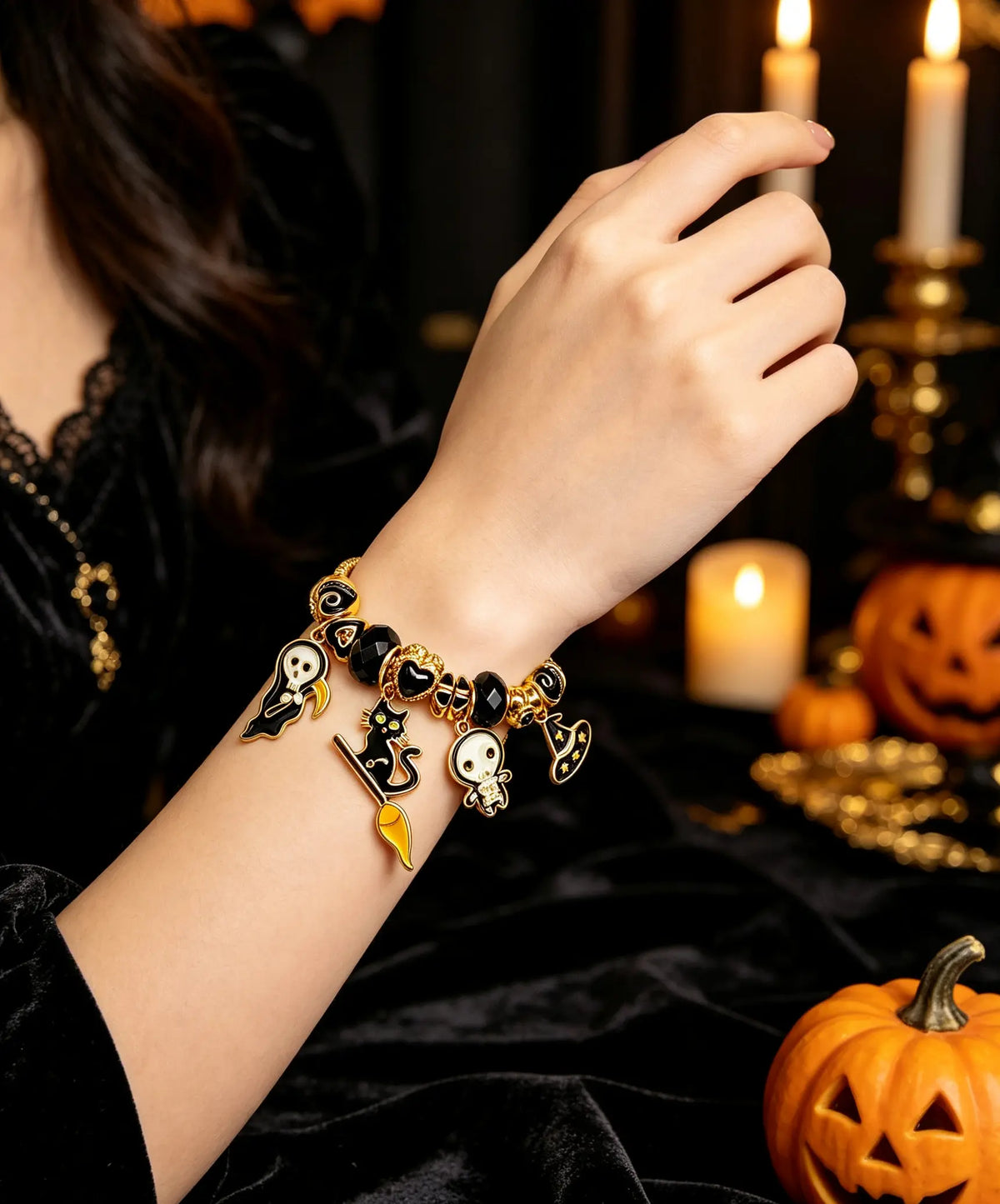 Halloween Black Cat Witch Charm Bracelet, Gold Plated Adjustable Snake Chain Bangle with Grim Reaper Ghost Witch Hat Black Crystal Beads, Gothic Holiday Jewelry Gift for Women Teen Girls