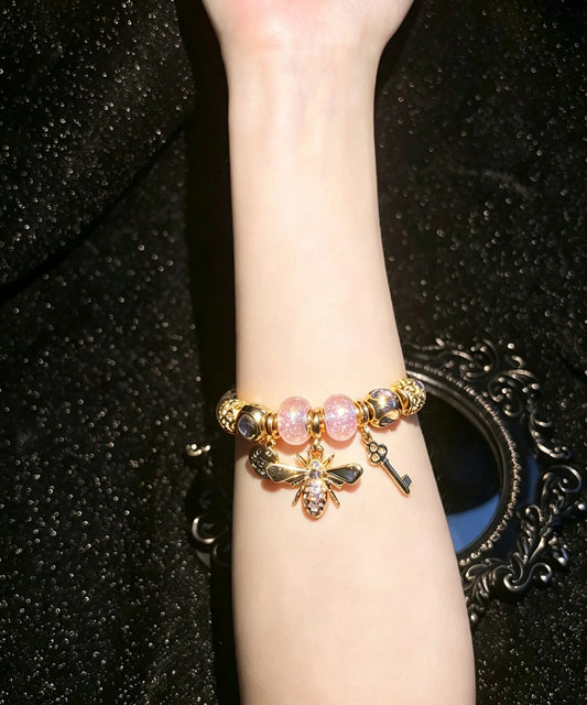 Gold Plated Bangle Bracelet, Sparkly Bee & Key Dangle Charms Bracelet, Clear Pink Glitter Beads Bracelet, Fashion Jewelry Gift for Women Girls