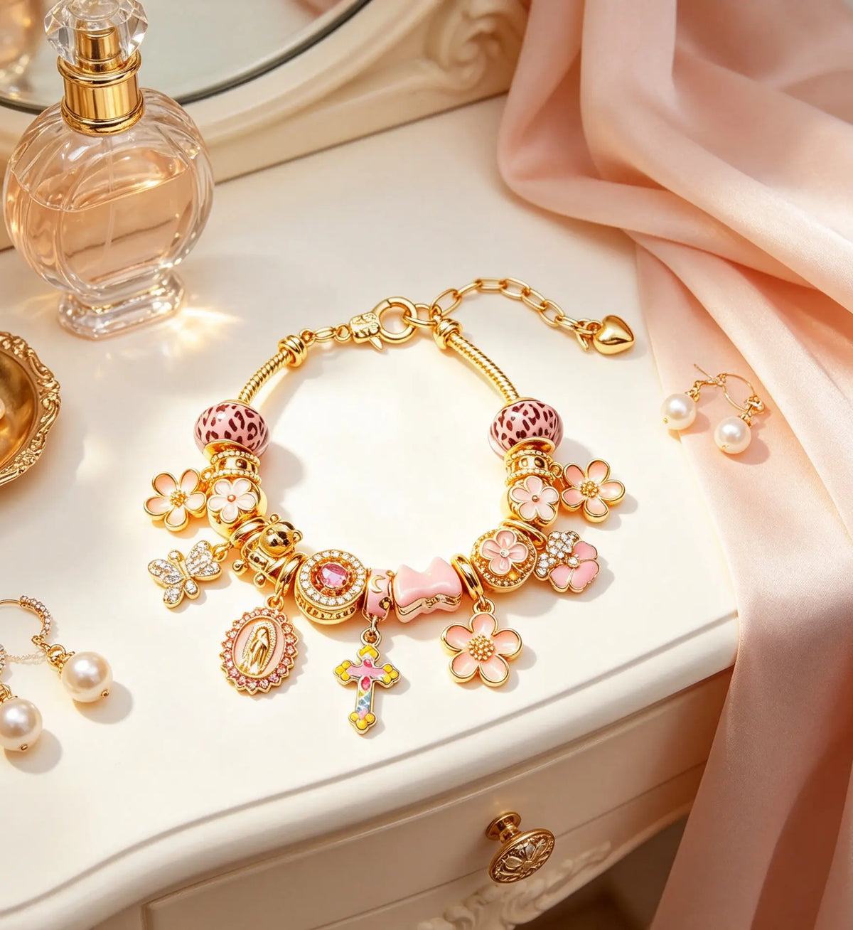 Pink Enamel Leopard Print Flower Charm Bracelet, Gold Tone Adjustable Chain Cross Virgin Mary Butterfly Beaded Bracelet, Fashion Dainty Jewelry Gift for Women